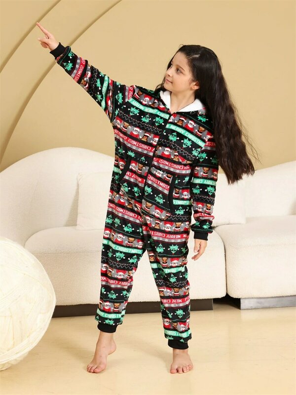 Winter Girls Kids Christmas Sleepwear Flannel Soft Warm Pajamas Hooded Pyjamas Onesie Pijamas