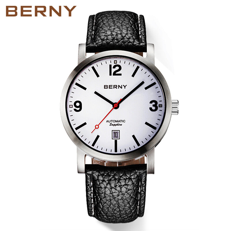 BERNY 5ATM wodoodporny zegarek męski automatyczny zegarek mechaniczny skórzany szwajcarski zegarek kolejowy luksusowa marka męska zegarek