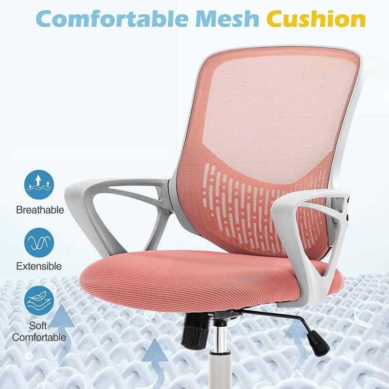 JHK sandaran tangan tetap jaring, kursi komputer eksekutif dengan bantal kursi busa empuk dan penyangga pinggang, merah muda