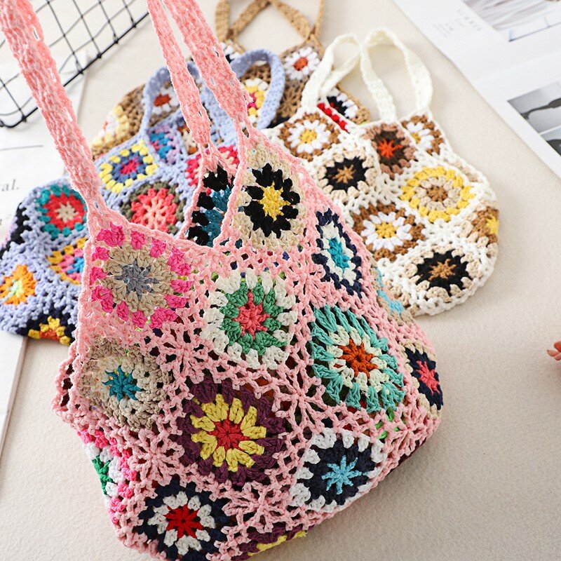 Bolsas femininas de tecido floral, bolsas de crochê de praia, sacolas boêmias, grande capacidade, verão