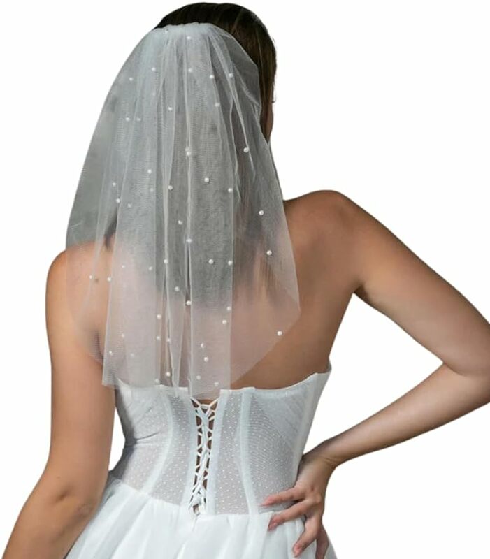 Bridal Veil Pearl Wedding Bridal  White  Tulle Veils Short White Bridal Accessories for Women and Teen Girls
