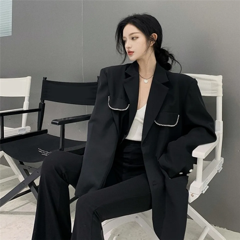 Spring Autumn Suit Jacket Women 2024 New Fashion Loose Casual Tops Suit Coat Pure Colour Black Button Temperament Blazer Female