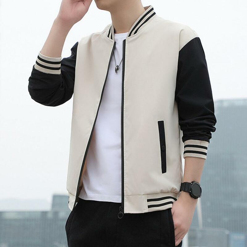 Men Baseball Coat Striped Stand Collar Cardigan Jackets for Men Casual Streetwear for Spring Fall Seasons Hip-hop Jacket