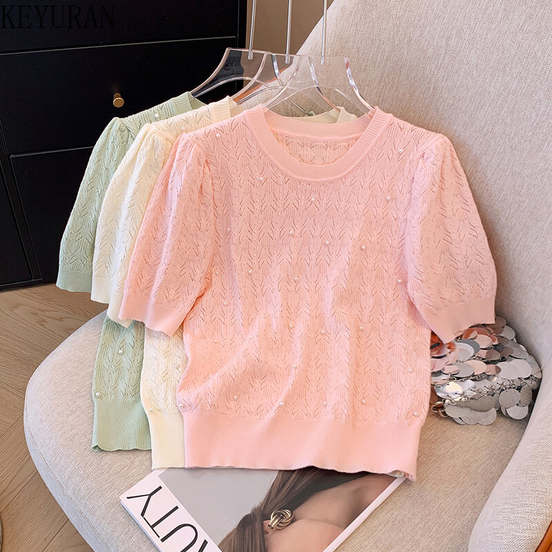 2024 Summer Sweet Thin Peals Beading Bubble Short Sleeve Sweater Women's Knit T Shirts French Gentle Pullover Knitwear Tops Tees