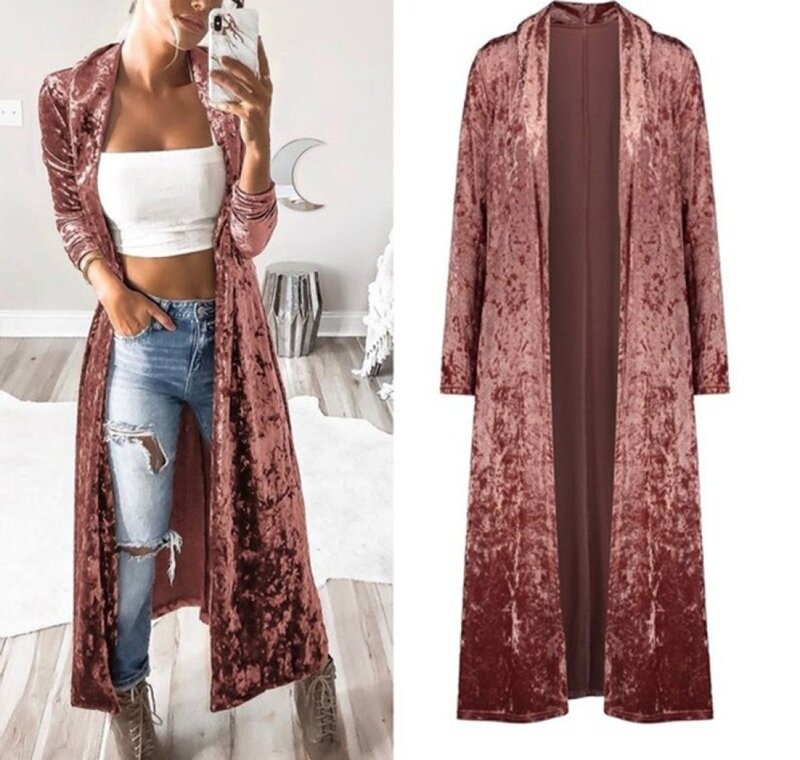 Women's Autumn and Winter Coat Velvet Casual Long Sleeve Jackets Loose Waist Solid Cardigan Windbreaker Mid Length Trench