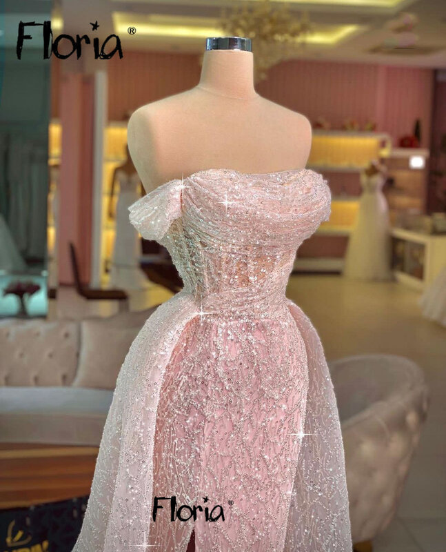Elegante beading rosa longo sereia vestido de noite fora do ombro brilho vestidos de baile com overskirt 2023 casamento noite