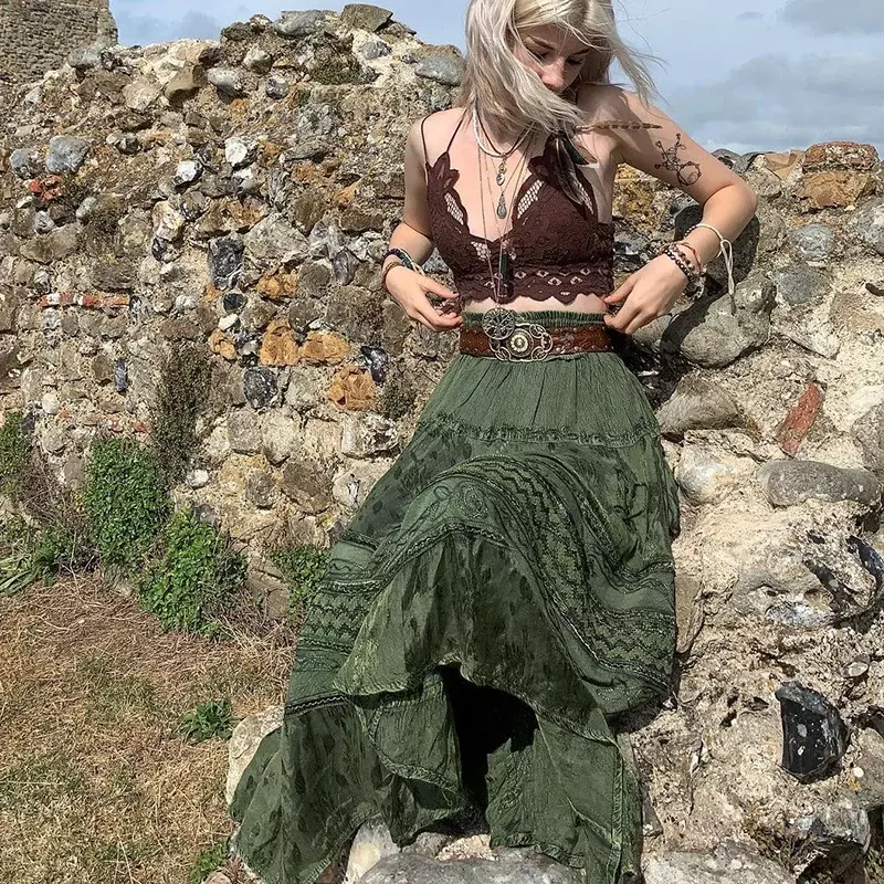 Rok seksi wanita 90s Vintage Boho rok Midi Fairycore Grunge Kawaii pinggang tinggi gaun berlipat panjang pakaian jalanan musim panas Y2k