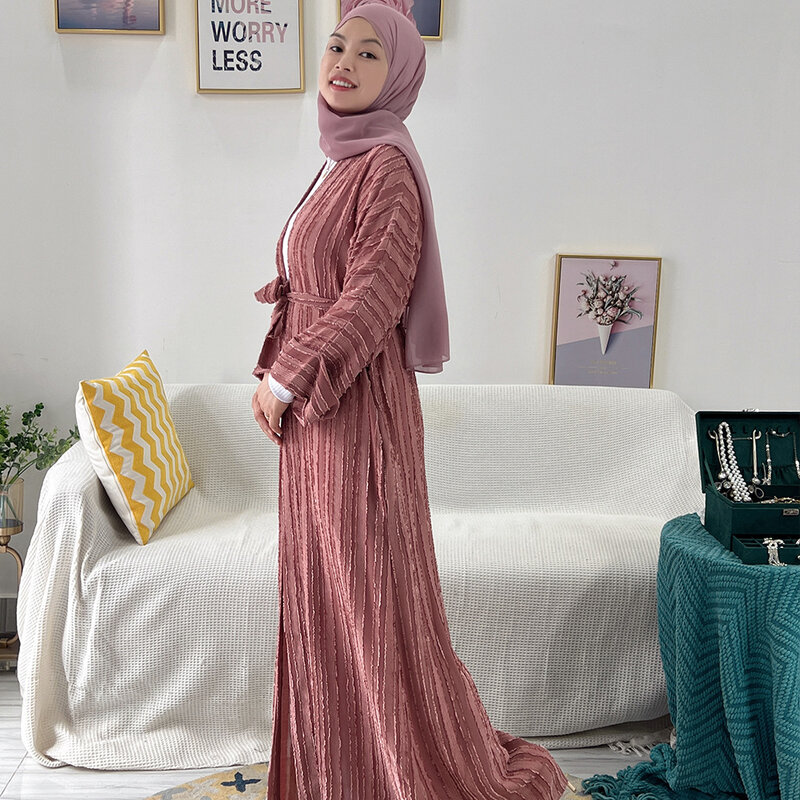 Jubah Korset Kardigan Abaya Lapisan Terbuka Gaun Wanita Elegan Warna Polos Muslim untuk Dubai Maroko Eropa dan Amerika