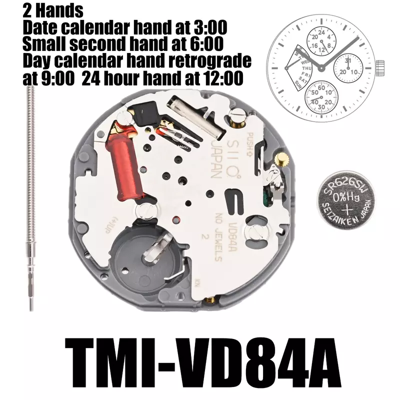 VD84 Movement Tmi VD84 Movement 2 Hands Multi-eye Movement Multi-eye (day, date, 24 hr, small sec) Size: 10 ½‴  Height: 3.45mm