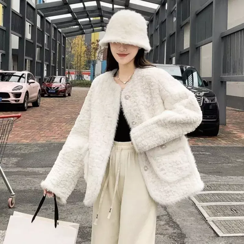 Fashion Casual Round Neck Jacket Winter New Women Faux Rabbit Fur Coat Female Temperament Thickening Solid Color Loose Outwear