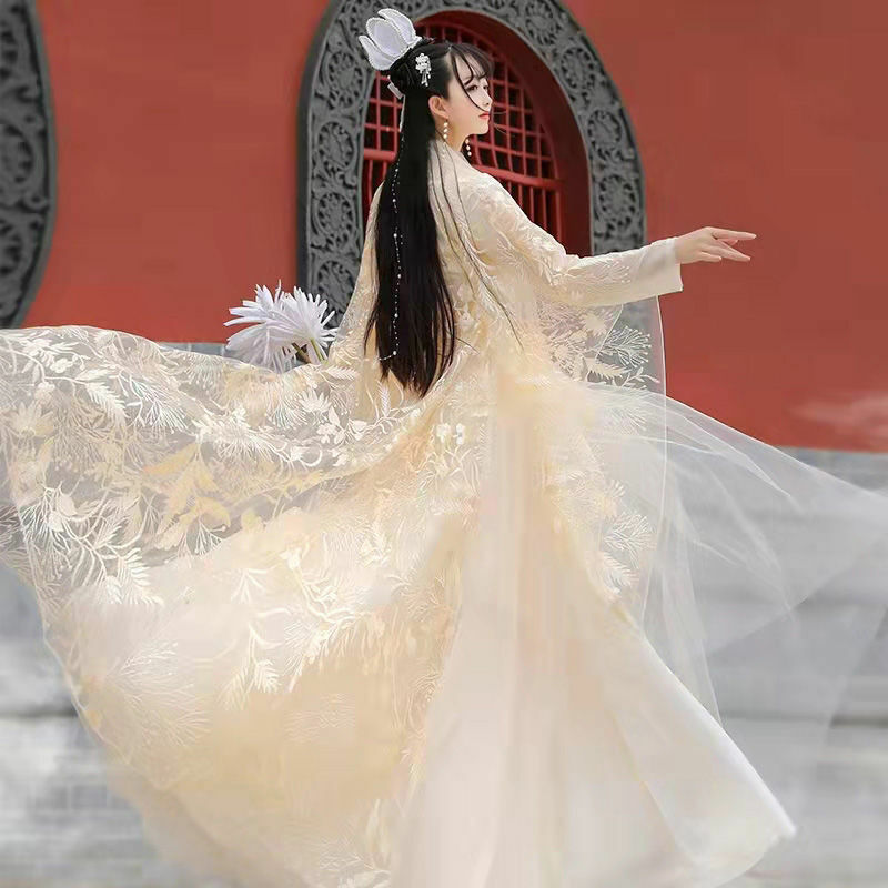 Коллекция Hanfu, оригинальный женский старинный костюм ханьфу, летний костюм с кружевной вышивкой, супер Сказочный Традиционный китайский костюм