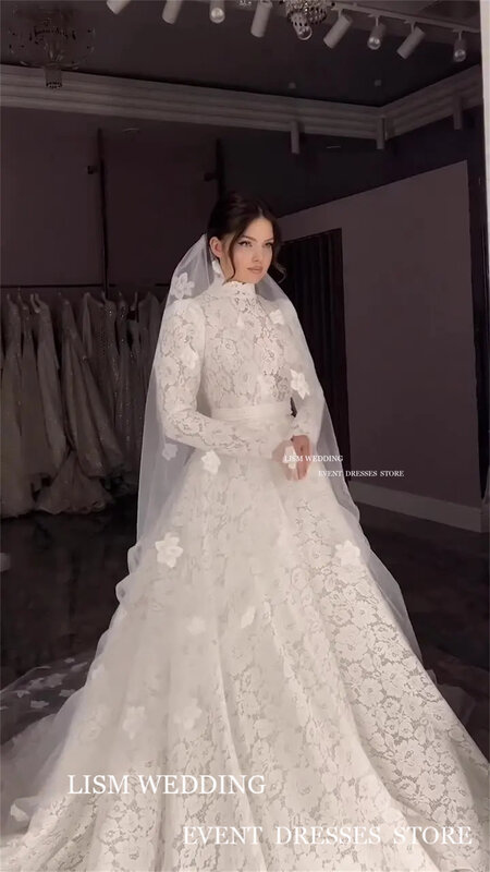 Винтажное кружевное свадебное платье LISM с высоким воротником, длинными рукавами, а-силуэт, свадебные платья до пола, свадебное платье на заказ 2024