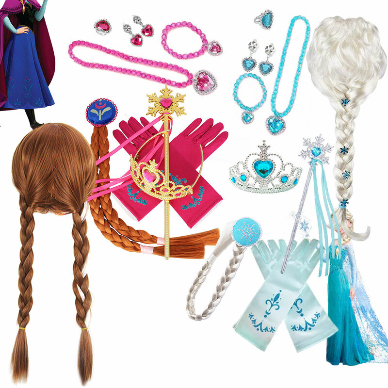 11 buah Elsa pesta Cosplay Kit aksesori Wig salju Tiara kepang perhiasan sarung tangan anak perempuan Anna gaun kostum putri hiasan kepala 3-12 tahun