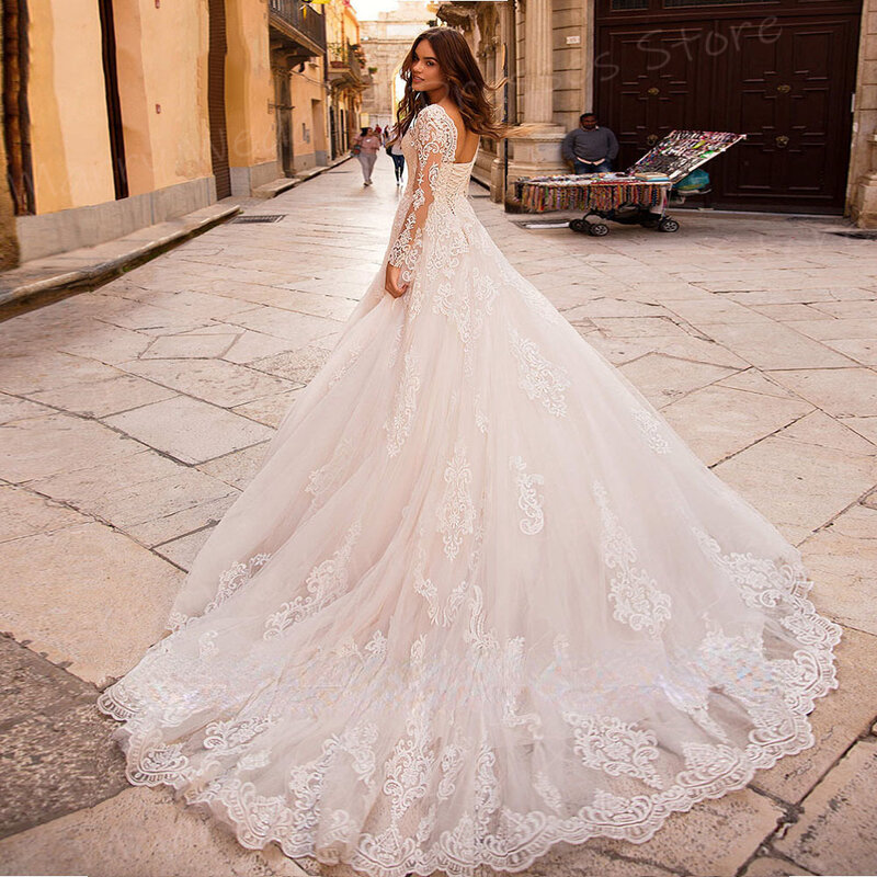 Robes de mariée A-ligne pour femmes, appliques à lacets gracieuses, robe de princesse à manches longues, mariée luxueuse et exquise