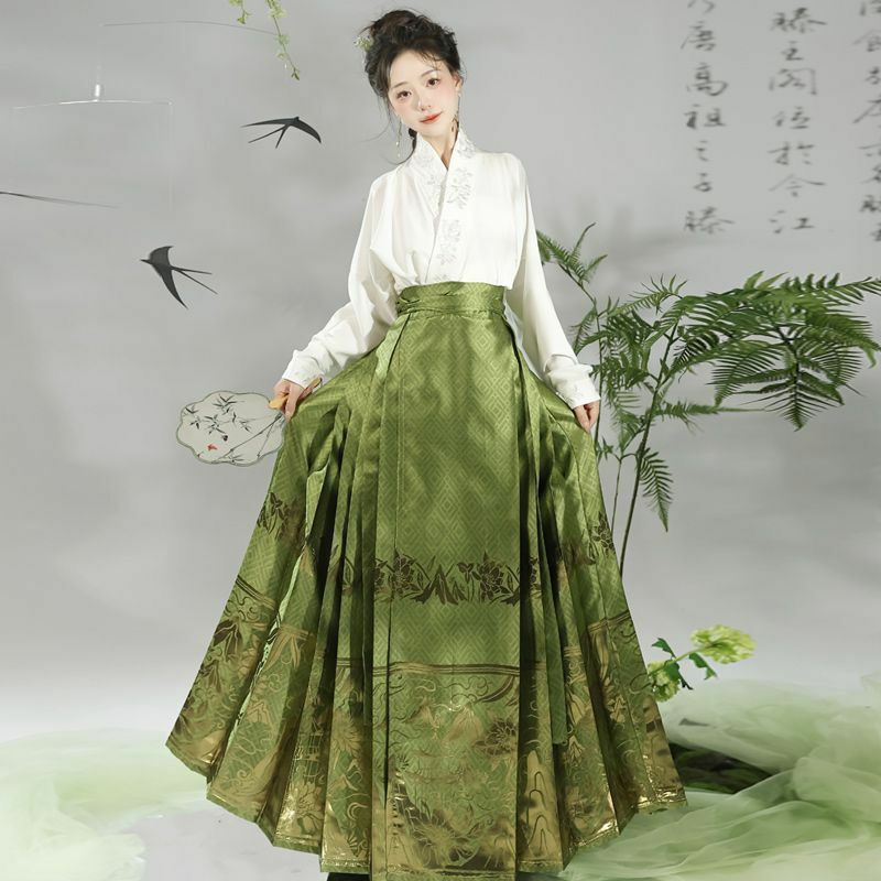 Falda de cara de caballo Hanfu mejorada para mujer, tejido tradicional chino, plisado dorado, verde, azul, negro, conjuntos de talla grande