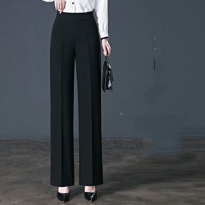 Women's Spring and Autumn New Fashion Elegant Simple Solid Pocket Casual Versatile Commuter Loose High Waist Elastic Pants