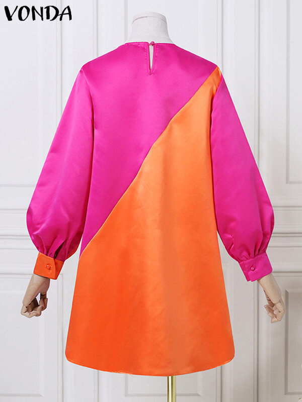 VONDA 2023 letnia sukienka damska Plus Size Vestidos Casual O dekolt w stylu Vintage Patchwork z długimi rękawami w kształcie latarni krótki szlafrok