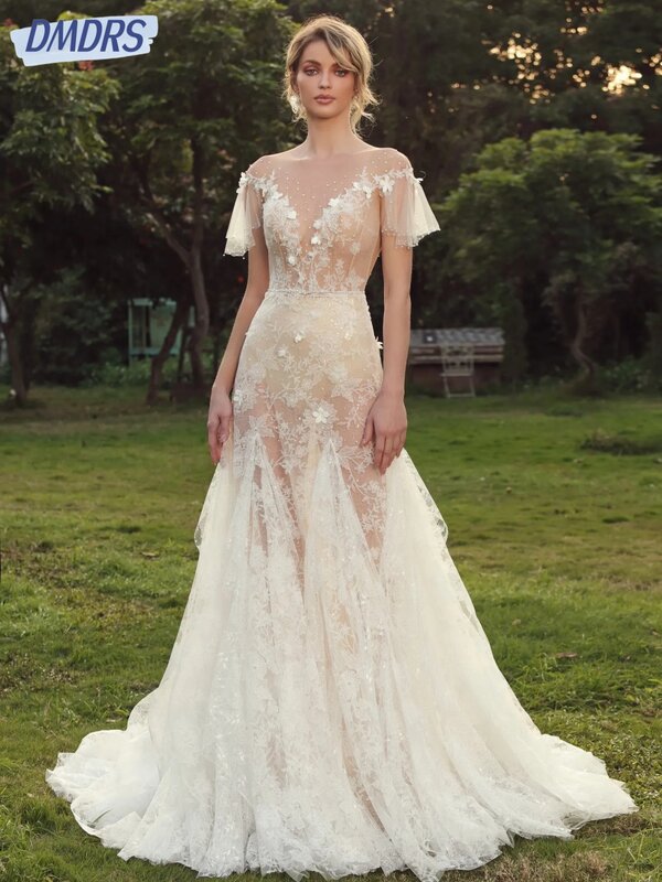 O-pescoço vestido de noiva sereia para a noiva, vestido de noiva longo, lantejoulas elegantes clássicas, flores 3D