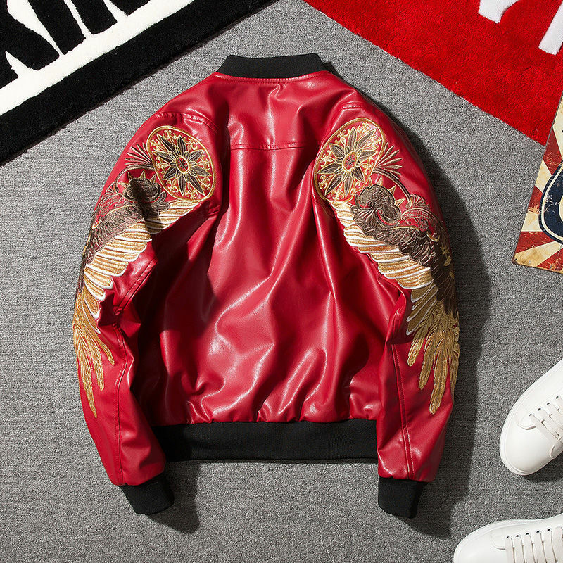 Spring and Autumn Leather Jacket Embroidered Wings Motorcycle Baseball Suit Men's and Women's Youth Couple Jacket Coat Men's