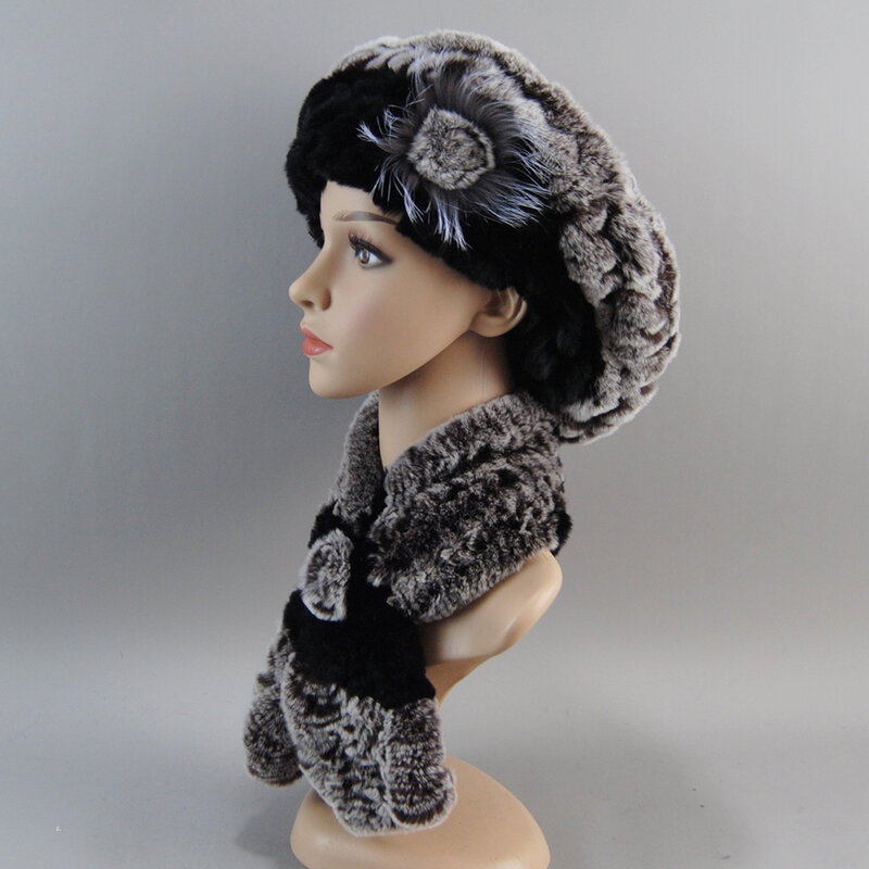Topi bulu kelinci Rex musim dingin baru 2024 syal topi bulu rajut asli mode wanita 100% set syal topi bulu asli hangat wanita