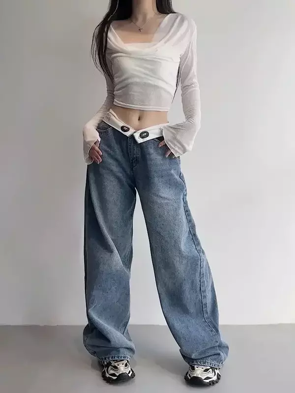 HOUZHOU Vintage Y2k Jeans donna Baggy Kpop Gyaru Streetwear pantaloni larghi in Denim blu Harajuku coreano Acubi moda Jeans a vita alta