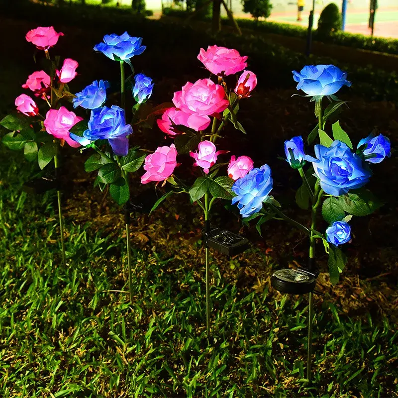 3-7 Head LED Solar Simulation Rose Flower Solar LED Light Garden Yard Lawn Night Lamp Landscape Garden Home Decoration Flowers L