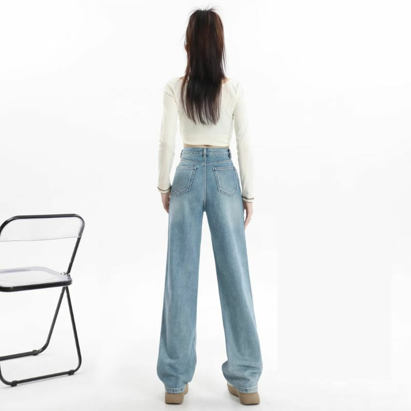 Pantalones vaqueros de pierna ancha para primavera y verano, Jeans de color claro, versión coreana, cintura alta, ajustados, drapeados, a la moda, 2024