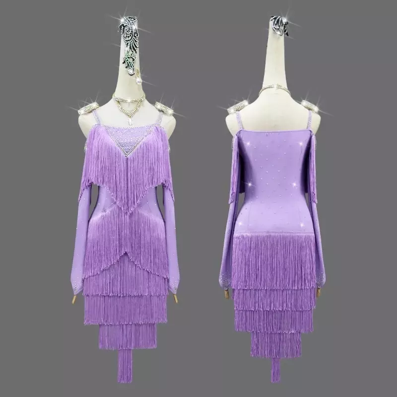 Purple Latin Dress Dance Skirt Women Female Suit Clothing Girl Dresses Dancewear Tops Ballroom Samba Line Urban Practice Clothes