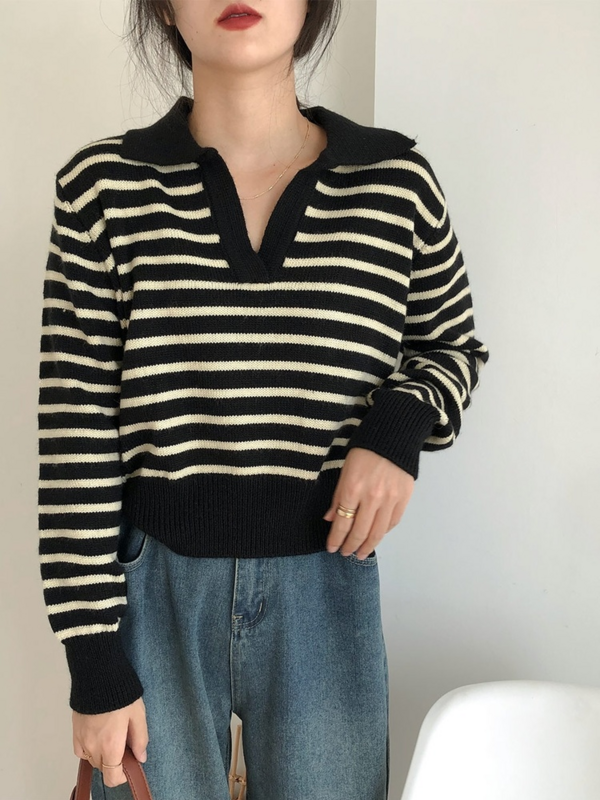 Korean Crop Striped Sweater Women Harajuku Style Casual Oversize Polo Collar Pullover Knitted Jumper Basic Chic Fashion