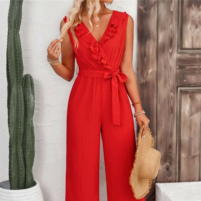 Summer Women'S Jumpsuits Fashion Trend Ruffled Sleeveless V-Neck Belt Wide Leg Straight Rompers Daily Casual Vacation Jumpsuits