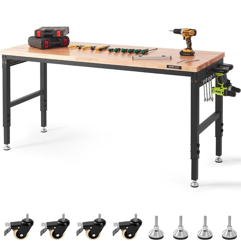 VEVOR Workbench for Garage 72" Adjustable Workbench, Heavy-Duty Hardwood Worktable with Universal Wheels, 3000 LBS Load Capacity