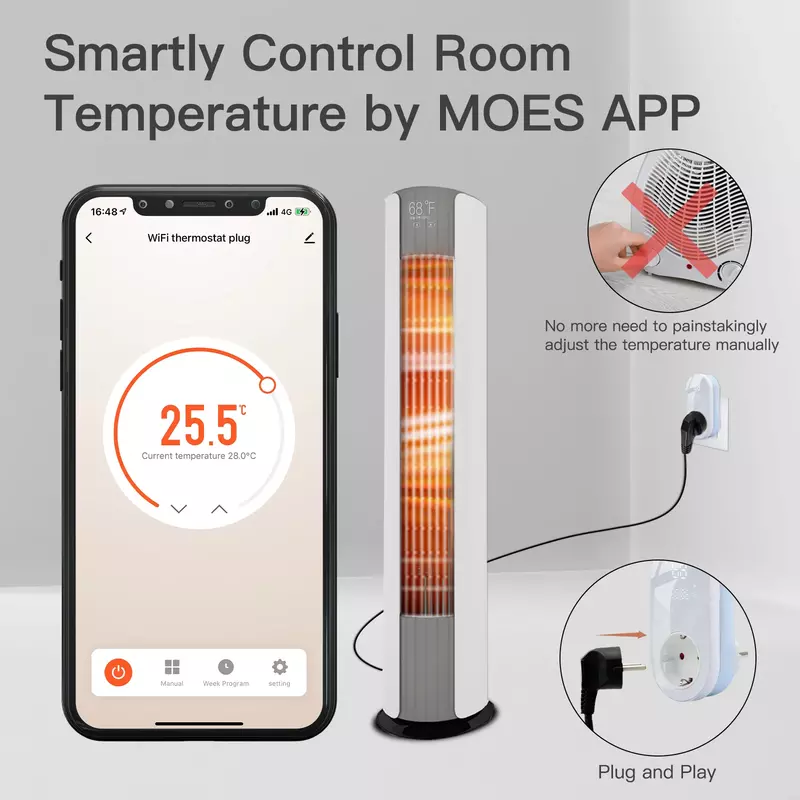 MOES-Prise thermos intelligente WiFi LED, mode de chauffage et de refroidissement, 16A, télécommande, compatible avec Alexa, Google Home
