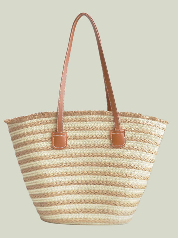 Colored Striped Grass Woven Bag Hand Woven Single Shoulder Tote Bags Vacation Handbag