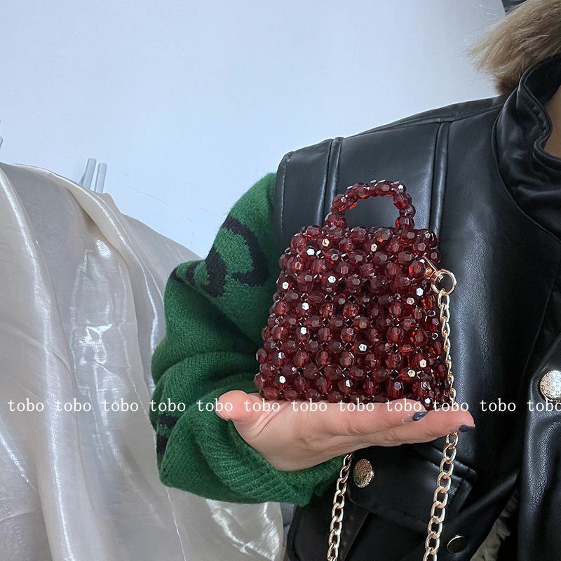 Mini bolso de hombro con cadena de perlas para mujer, bolsos cruzados de diseñador, caja de cuentas de piedra acrílica transparente, bolso de mano, monedero pequeño tejido, nuevo