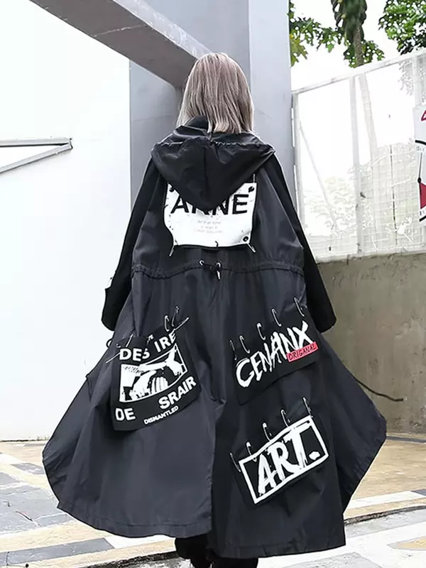 XITAO-Casaco preto emendado para mulheres, streetwear com estampa longa, capuz casual feminino, casaco de cintura larga, ZLL1100, 2019