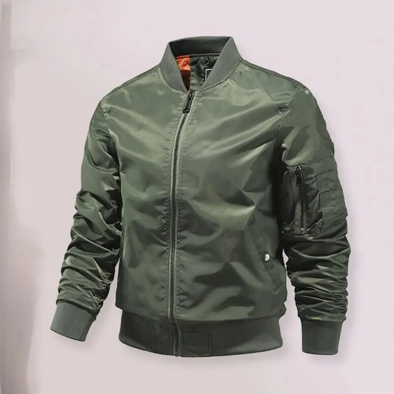 Men Fall Spring Jacket Stand Collar Windproof Coat Long Sleeve Zipper Closure Multi Pockets Casual Outdoor Cardigan Coat