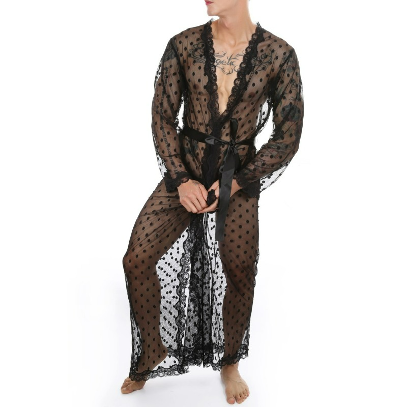 رداء ليلي من الدانتيل الشفاف للرجال ملابس داخلية قصيرة الأكمام كارديجان برنس مع ملابس نوم مثيرة انظر من خلال ملابس الرجال
