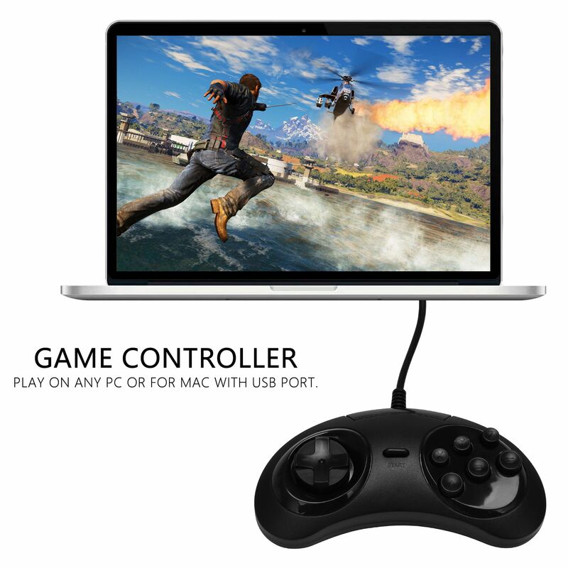 Gamepad verdrahtet 6-Tasten USB-Game-Controller Joypad für Sega Genesis/MD PC/2 Y1301 / Mac Mega Drive schwarz Kunststoff