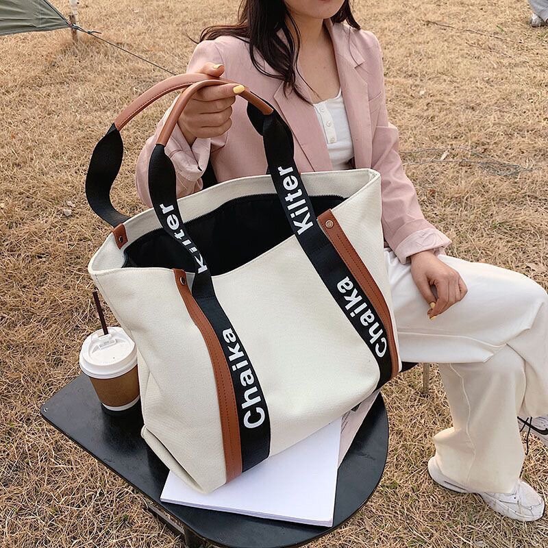 College Student Portable Bag New Trendy Canvas Bag Large Capacity Handheld Commuting One Shoulder Tote Bag Women's Shopping Bag