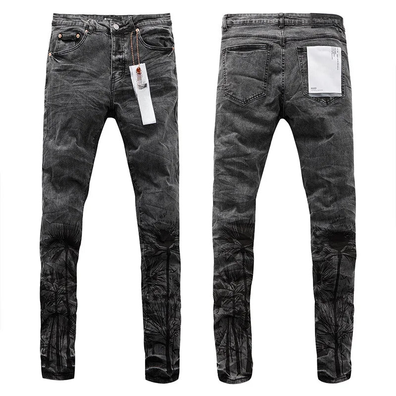 Nuovi Jeans di marca ROCA viola di alta qualità American High Street Coconut Tree Print pantaloni neri eleganti e sottili
