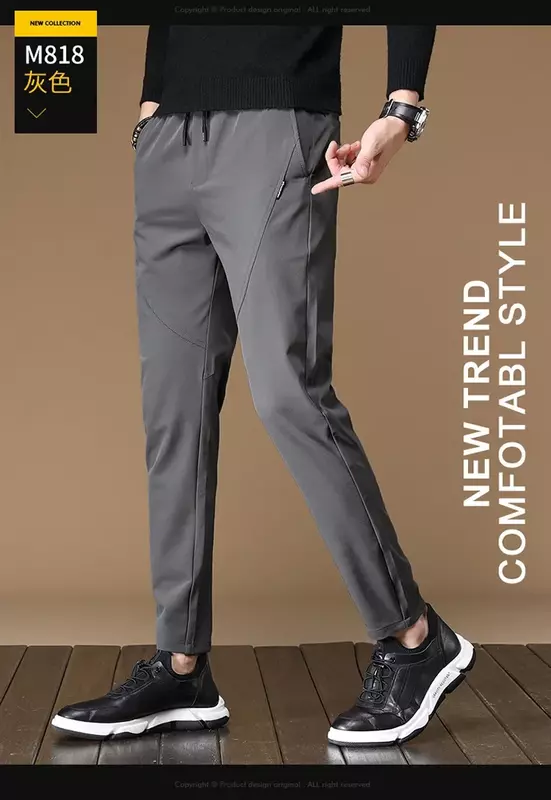 Calça de cintura aberta justa masculina, calça fina, com elástico na cintura, casual, de negócios, verão, nova