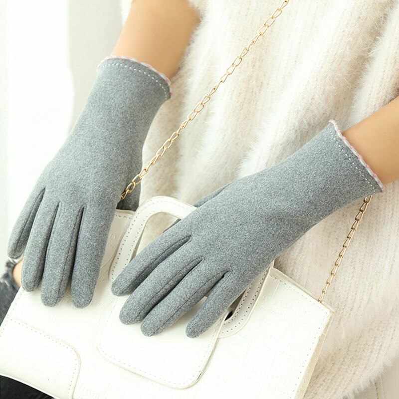 Sarung tangan Ski jari untuk wanita, sarung tangan layar sentuh hangat sederhana luar ruangan, sarung tangan beludru gaya Korea untuk wanita