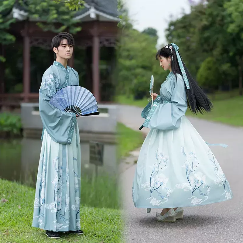 Oryginalna para dynastii WeiJin sukienka Hanfu niebieski haft gradientowa sukienka Hanfu dla dorosłych karnawałowy kostium dla mężczyzn kobiet Plus rozmiar