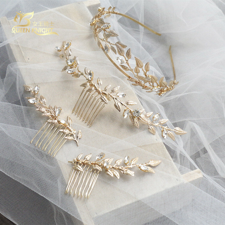 Original design retro gold leaf vine rhinestones handmade European and American hairbrush hairpin bridal photo wedding headdress