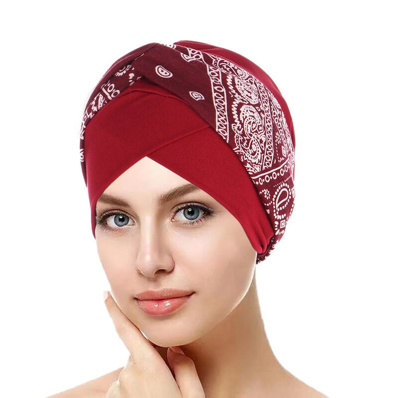 Muslim Turban Caps Forehead Cross Double Color Patchwork Turbante Hat Islamic Headwear India hat Soft Bonnet for Women Hijabs
