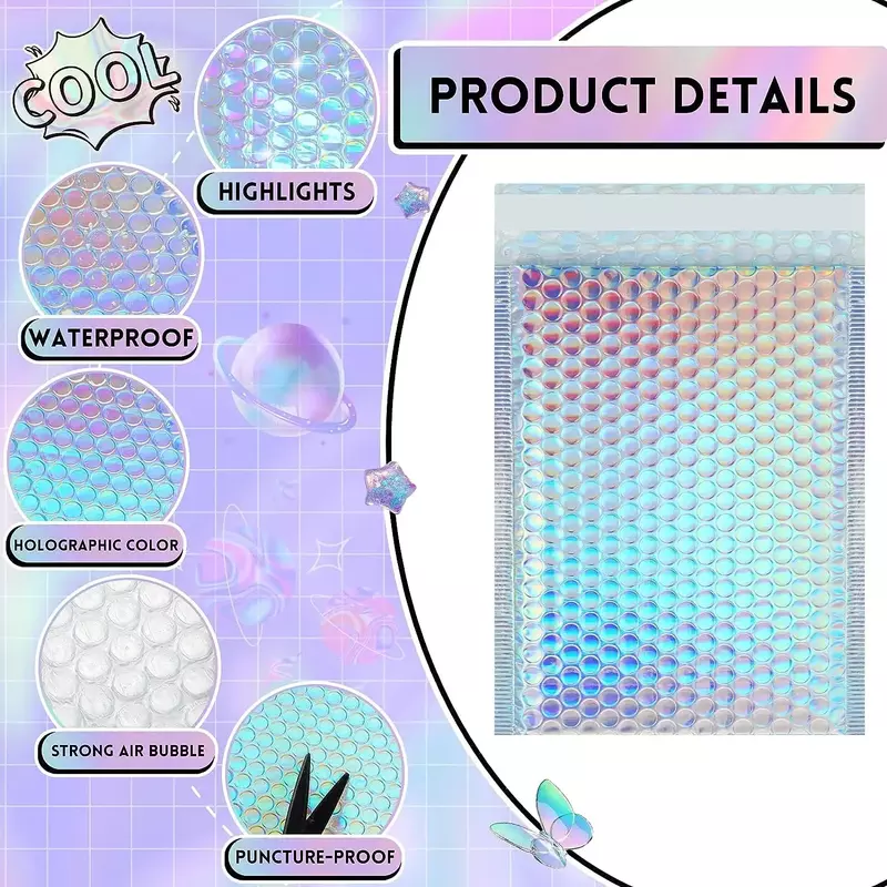 Bolsas de embalaje holográficas, sobres de burbujas, suministros para pequeñas empresas, paquete de entrega, 100 piezas