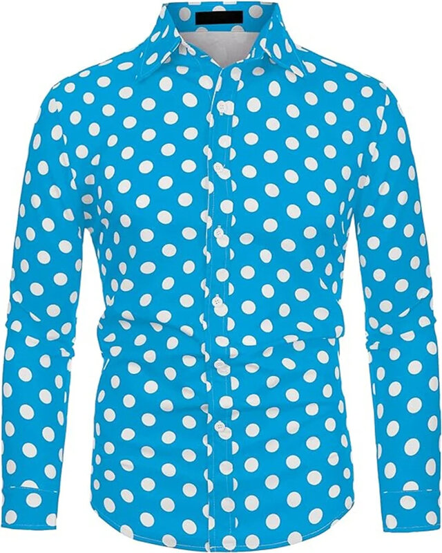 男性用マルチカラー水玉シャツ,長袖,スリムフィット,プリントラペル,ボタン,特大の服,ファッション