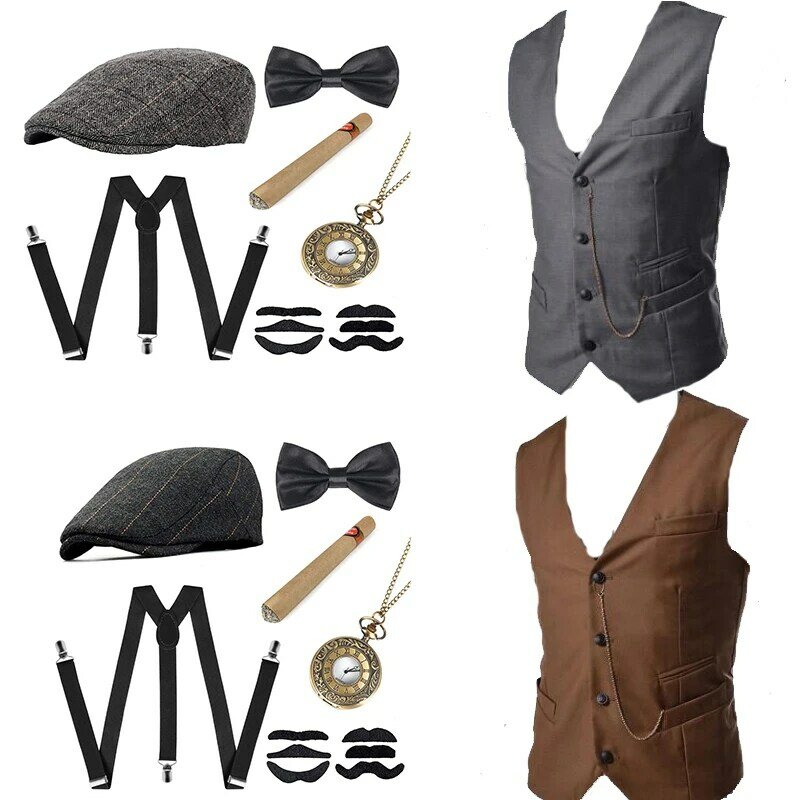 Fato e acessórios gangster masculino, roupa Steampunk, colete, relógio de bolso, Cosplay Gatsby, década de 1920