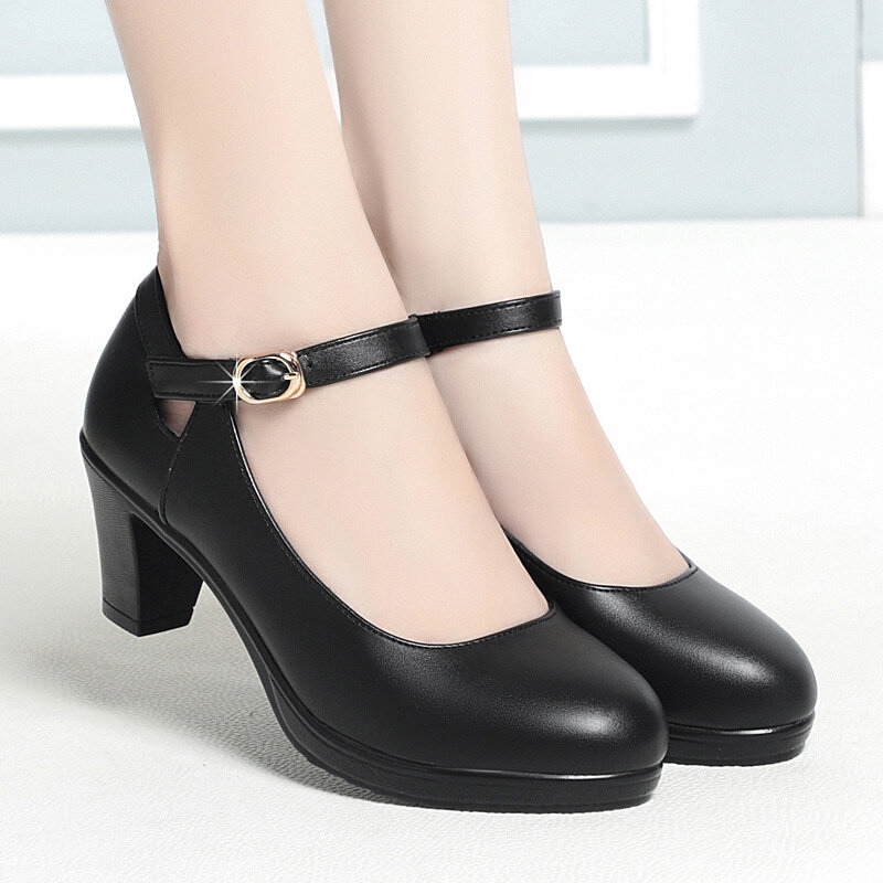 Sepatu kulit lembut musim semi wanita ujung bulat sepatu Platform hak tebal modis elegan elegan hitam sepatu kerja tunggal