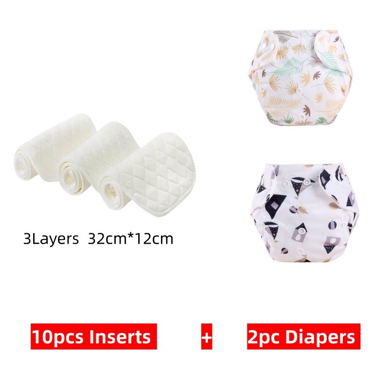 2PC Diapers +10PC Inserts Kids Diapers Reusable Diaper Cover Adjustable Children Nappy Changing Baby Cloth Diaper